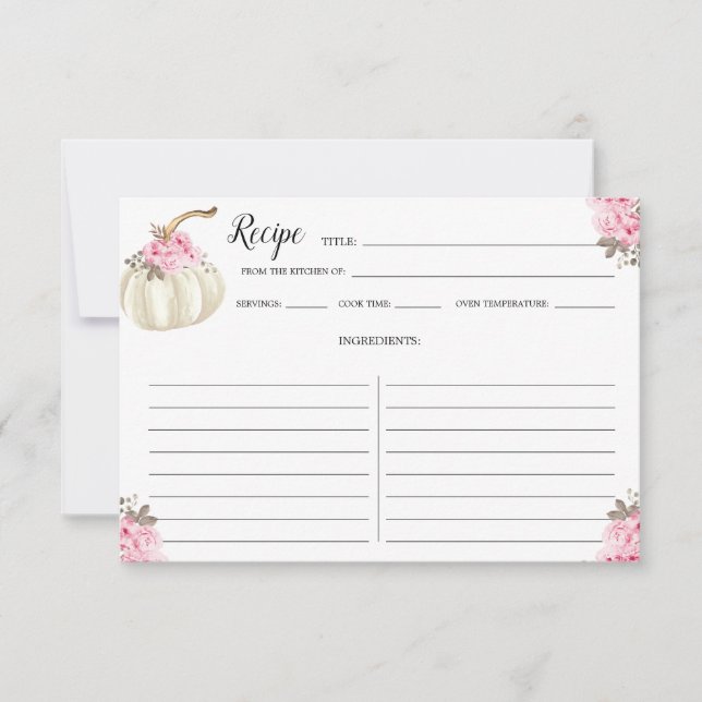 Watercolor Pumpkin Pink Floral Recipe Card (Front)
