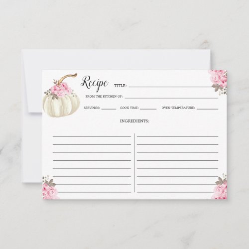 Watercolor Pumpkin Pink Floral Recipe Card