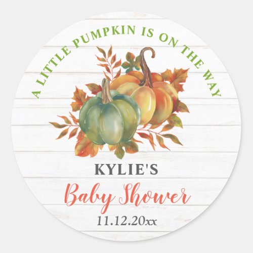 Watercolor Pumpkin Rustic Wood  Baby Shower Classic Round Sticker