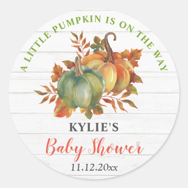 Watercolor Pumpkin Rustic Wood | Baby Shower Classic Round Sticker (Front)