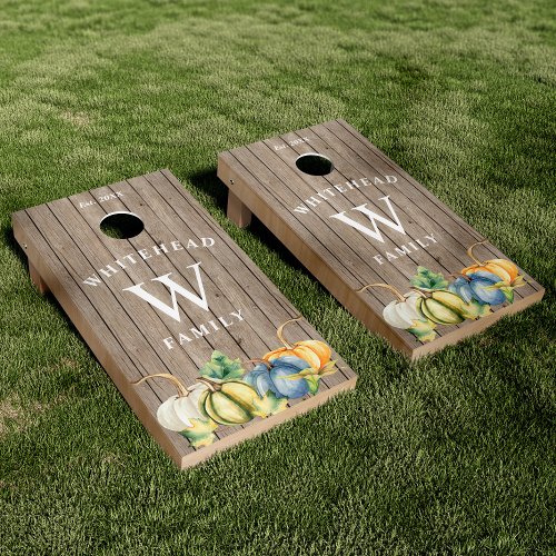 Watercolor Pumpkin Rustic Wood Monogram Cornhole Set