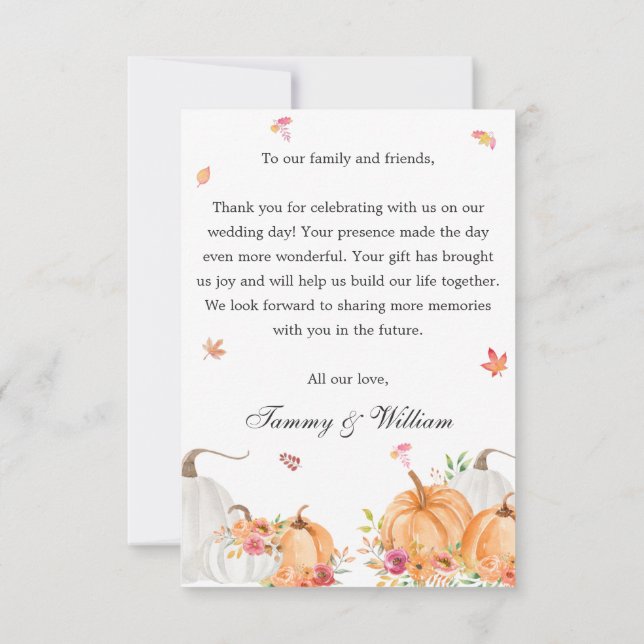 Watercolor Pumpkin Script Wedding Photo  Thank You Card (Back)