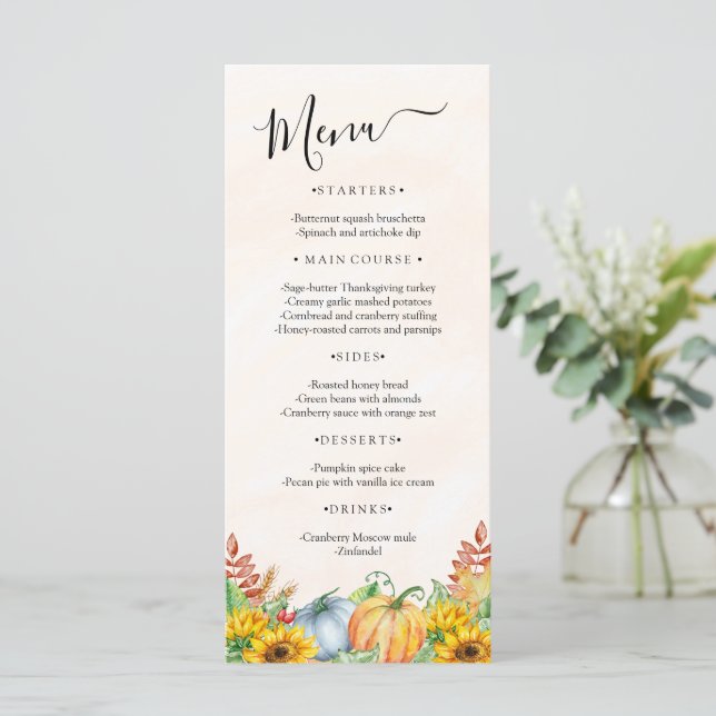Watercolor Pumpkin Sunflower Thanksgiving Menu (Standing Front)
