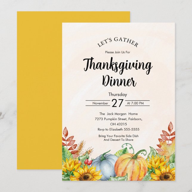 Watercolor Pumpkin Sunflowers Thanksgiving Dinner  Invitation (Front/Back)