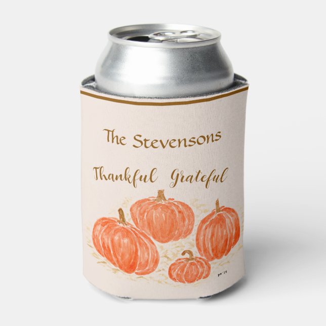 Watercolor Pumpkin Thankful PERSONALIZE Can Cooler (Can Front)
