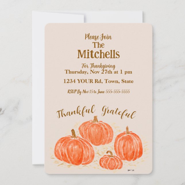 Watercolor Pumpkin Thankful PERSONALIZE Invitation (Front)