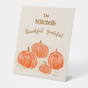 Watercolor Pumpkin Thankful PERSONALIZE NAME Pedestal Sign