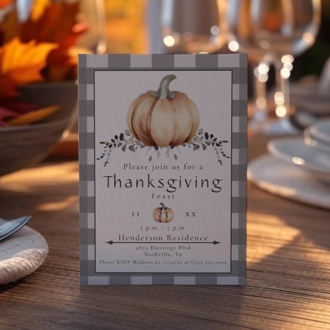 Watercolor Pumpkin Thanksgiving Dinner | Gray Invitation (Gray Watercolor Pumpkin Thanksgiving Dinner Invitation)