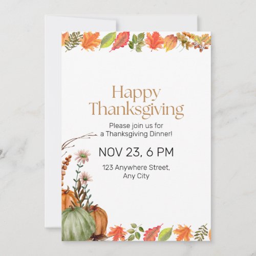 Watercolor Pumpkin Thanksgiving Dinner Invitation