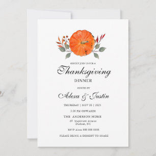 Watercolor pumpkin Thanksgiving dinner Invitation