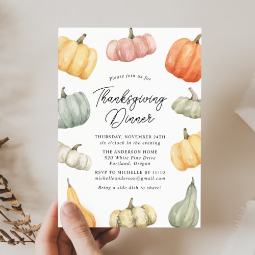 Watercolor Pumpkin Thanksgiving Dinner Invitation