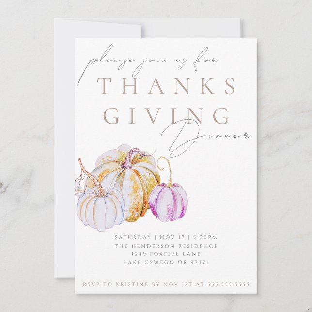 Watercolor Pumpkin Thanksgiving Dinner Invitation (Front)