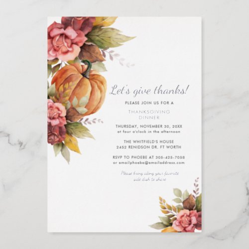 Watercolor Pumpkin Thanksgiving Dinner Silver Foil Holiday Card