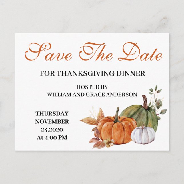 Watercolor Pumpkin Thanksgiving Save the Date Postcard (Front)