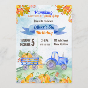 Watercolor Pumpkin Tractor Birthday Invitation