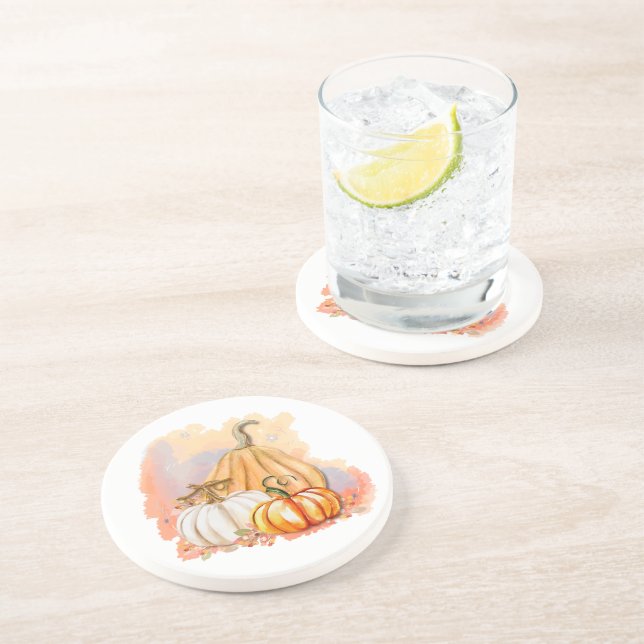 Watercolor Pumpkin Trio Sandstone Coaster (Side)