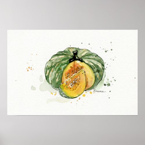 Watercolor  Pumpkin  vegetable kitchen art Poster