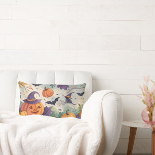 watercolor pumpkin wearing witch's hat lumbar pillow