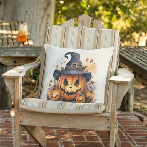 Watercolor Pumpkin Witch Outdoor Pillow