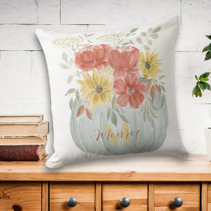 Watercolor Pumpkin with Fall Foliage Bouquet Throw Pillow