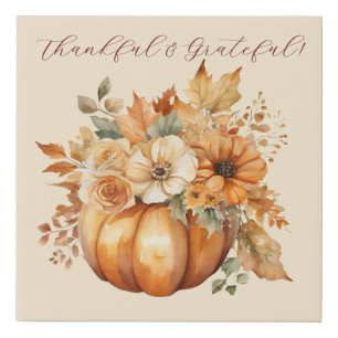 Watercolor Pumpkin with Flowers-Fall Decor- Faux Canvas Print