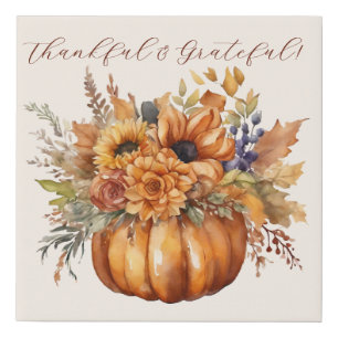 Watercolor Pumpkin with Flowers-Fall Decor- Faux Canvas Print