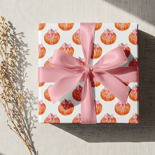 Watercolor Pumpkin with Pink Bow Pattern Wrapping Paper