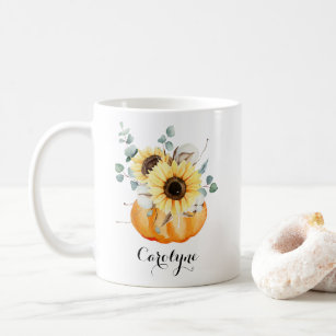Watercolor Pumpkin with Sunflowers Personalized Coffee Mug