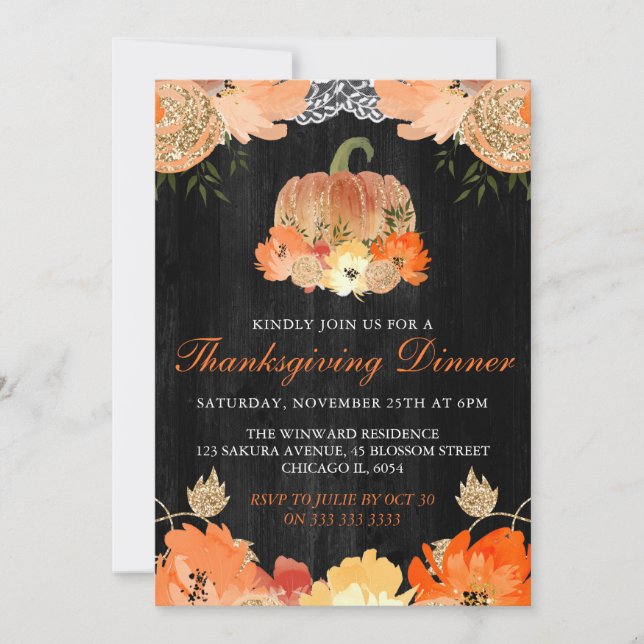 Watercolor Pumpkin Wood Thanksgiving Dinner Invitation (Front)
