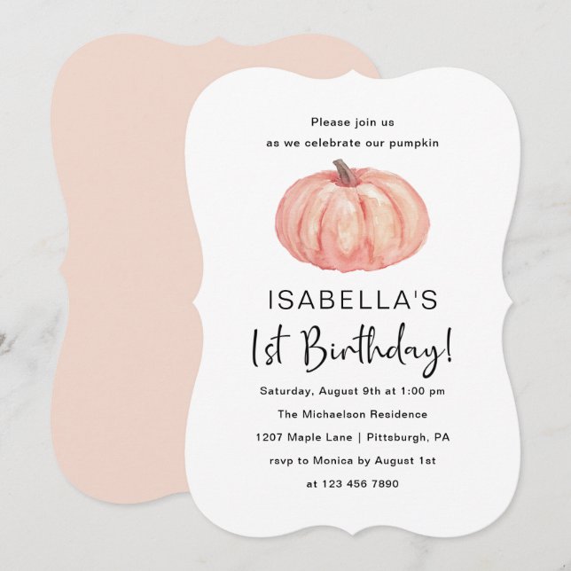 Watercolor Pumpkin's 1st Birthday Party Invitation (Front/Back)