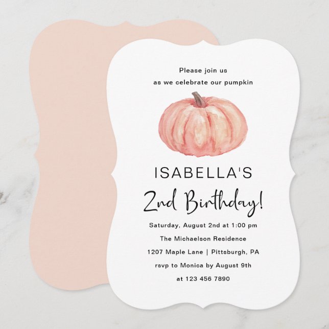 Watercolor Pumpkin's 2nd Birthday Party Invitation (Front/Back)