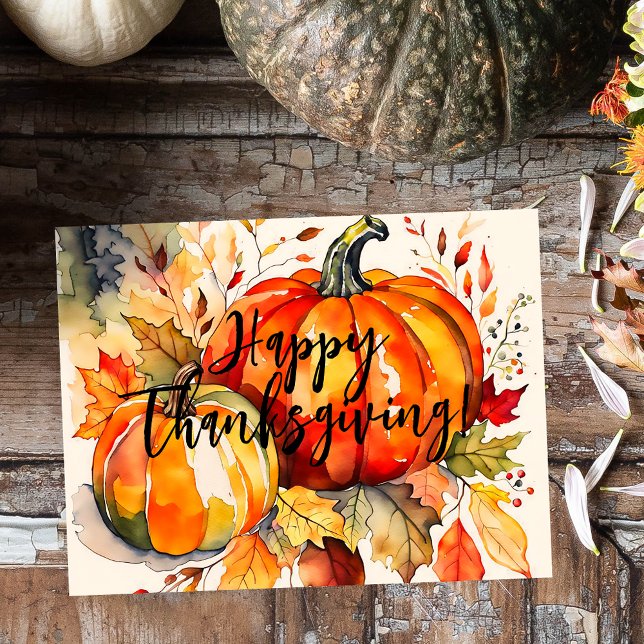 Watercolor Pumpkins and Autumn Leaves Thanksgiving Holiday Postcard (Creator Uploaded)