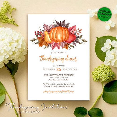 Watercolor Pumpkins and Autumn Leaves Thanksgiving Invitation
