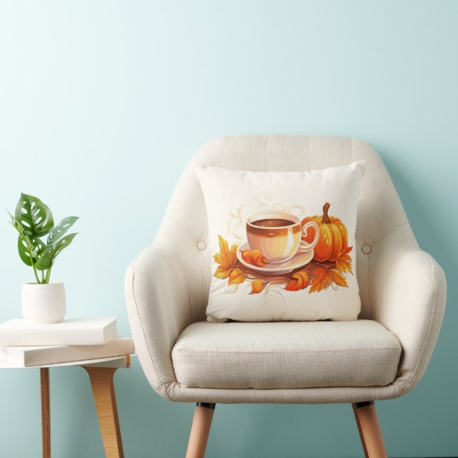Watercolor Pumpkins and Coffee Throw Pillow (Chair)