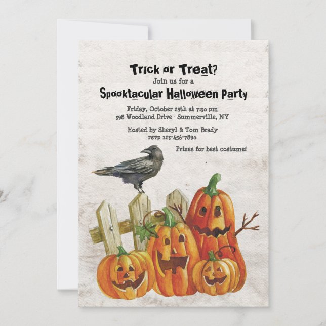 Watercolor Pumpkins and Crow Halloween Invitation (Front)