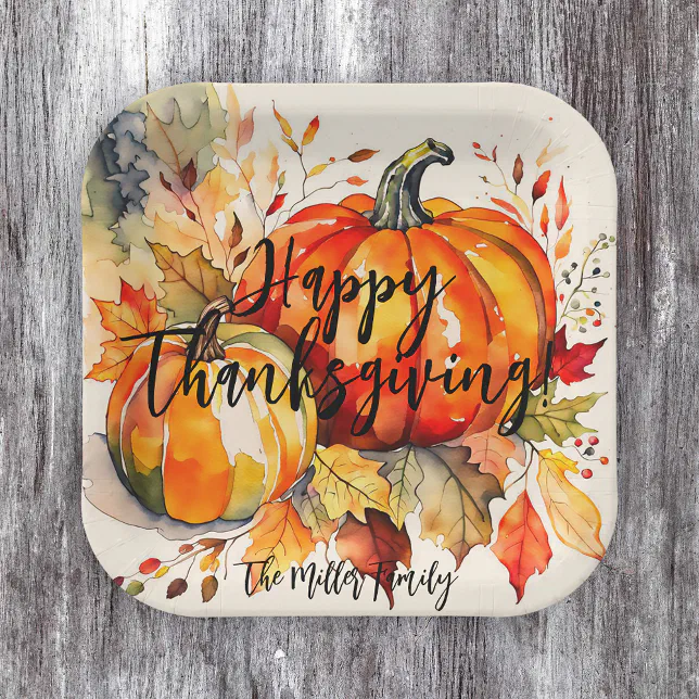 Watercolor Pumpkins and Fall Leaves Thanksgiving Paper Plates | Zazzle