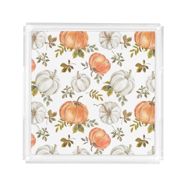 Watercolor Pumpkins and Foliage Autumn Pattern Acrylic Tray (Front)