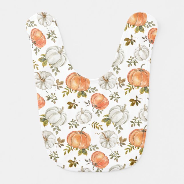 Watercolor Pumpkins and Foliage Autumn Pattern Baby Bib (Front)