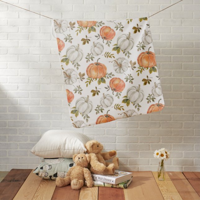 Watercolor Pumpkins and Foliage Autumn Pattern Baby Blanket (In Situ)