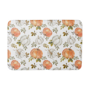 Watercolor Pumpkins and Foliage Autumn Pattern Bath Mat