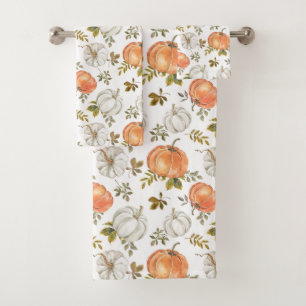 Watercolor Pumpkins and Foliage Autumn Pattern Bath Towel Set