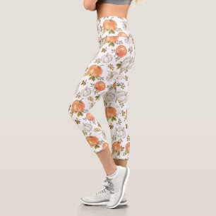 Watercolor Pumpkins and Foliage Autumn Pattern Capri Leggings