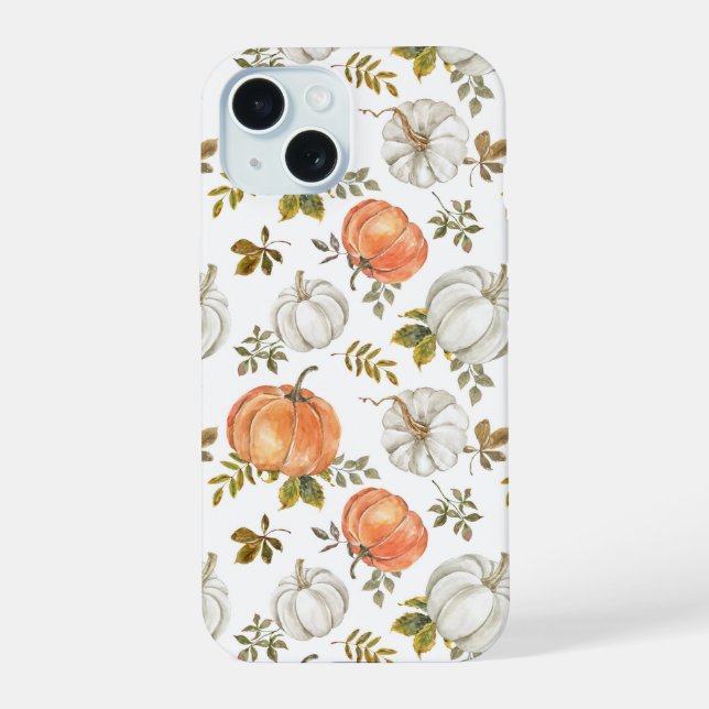 Watercolor Pumpkins and Foliage Autumn Pattern iPhone 15 Case (Back)
