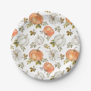Watercolor Pumpkins and Foliage Autumn Pattern Paper Plates