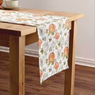 Watercolor Pumpkins and Foliage Autumn Pattern Short Table Runner