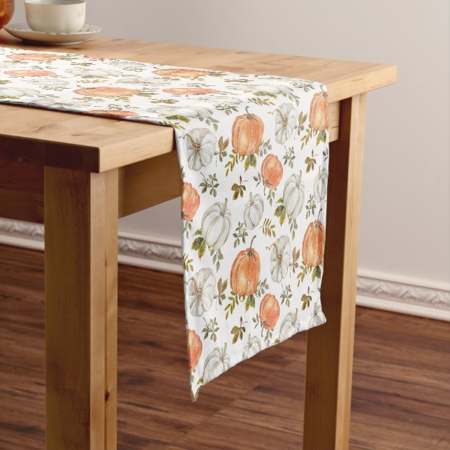 Watercolor Pumpkins and Foliage Autumn Pattern Short Table Runner (In Situ)