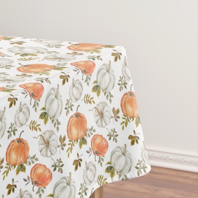 Watercolor Pumpkins and Foliage Autumn Pattern Tablecloth (In Situ)