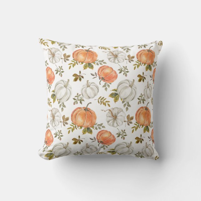 Watercolor Pumpkins and Foliage Autumn Pattern Throw Pillow (Front)