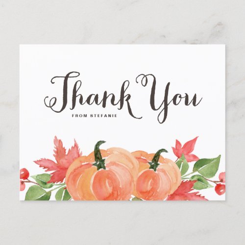 Watercolor Pumpkins and Maple Leaves Thank You Postcard