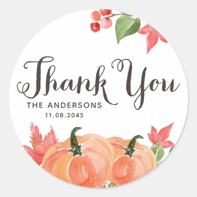 Watercolor Pumpkins and Maple Leaves Wedding Classic Round Sticker (Front)